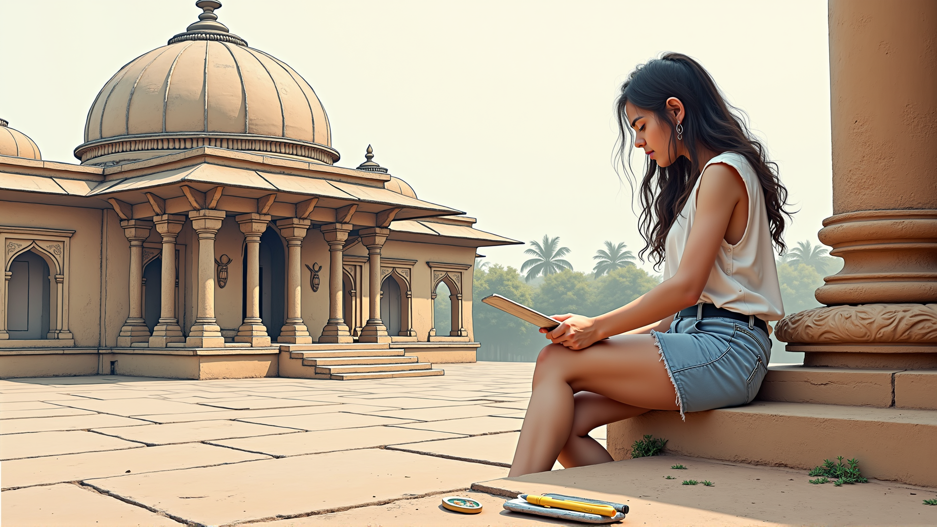 AI generated wallpaper featuring woman, book, building, column, palm tree