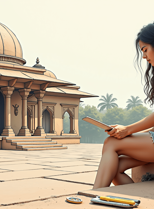 woman, book, building, column, palm tree
