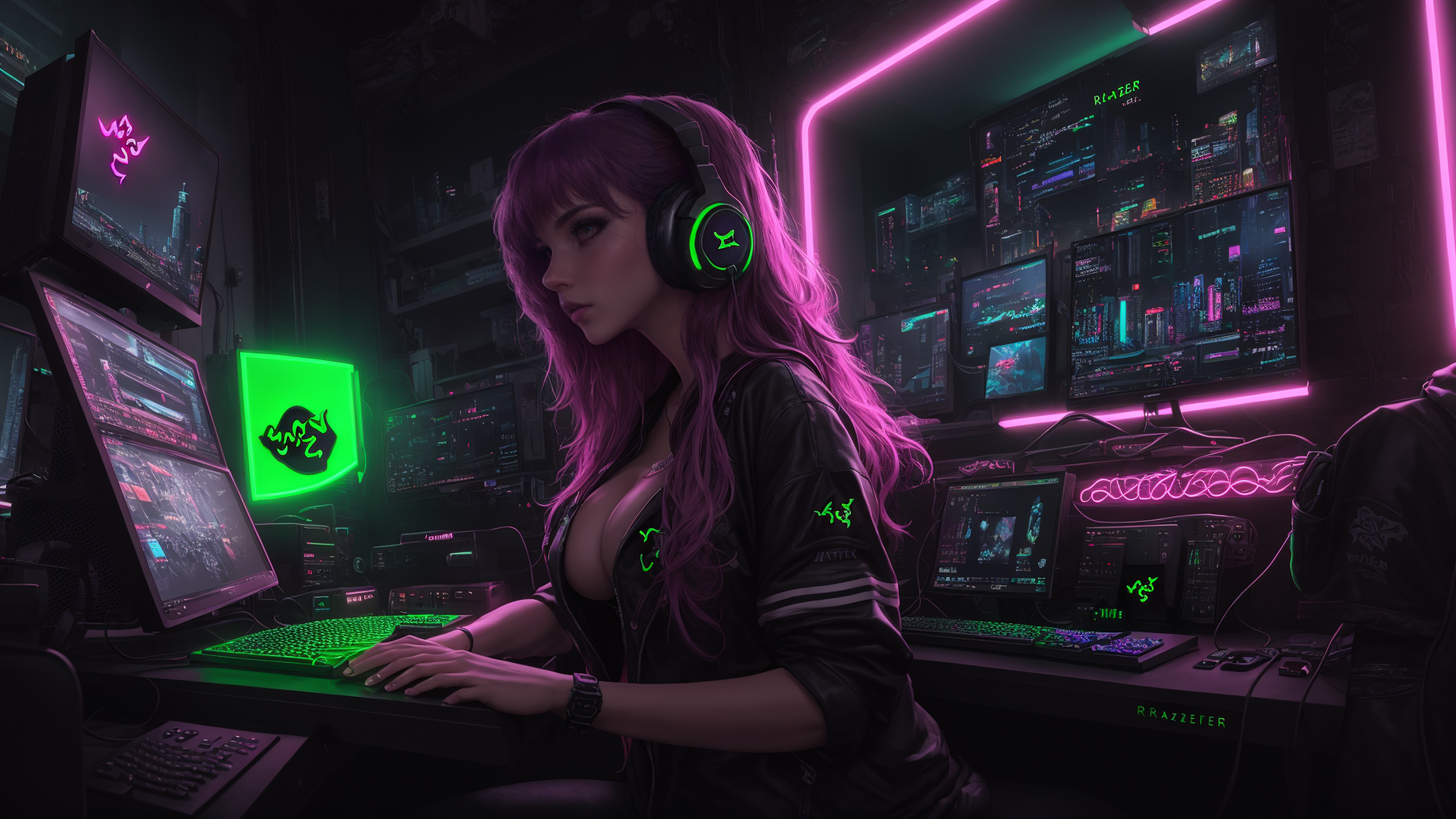 AI generated wallpaper featuring gamer, woman, computer