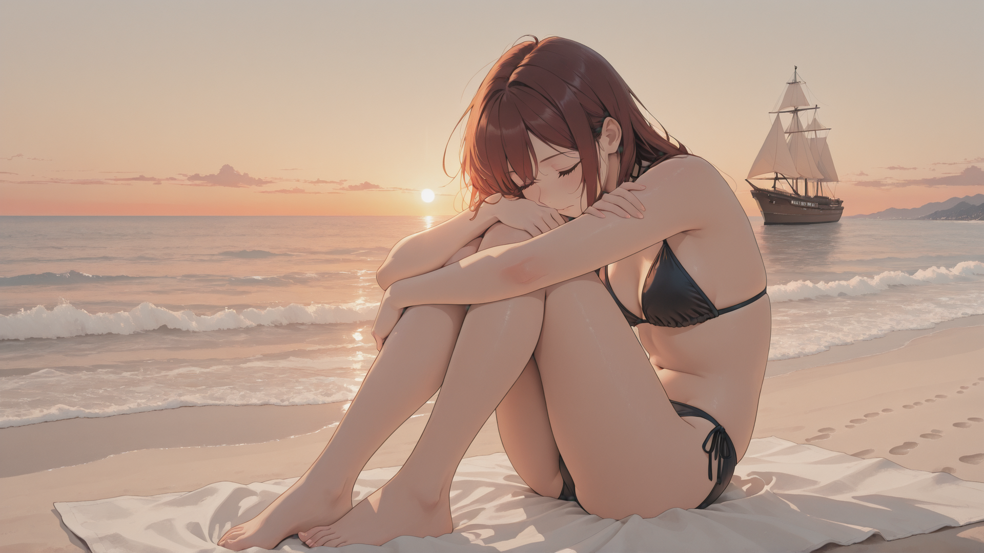 AI generated wallpaper featuring girl, beach, sailboat, sun, sand, waves, towel, hair, swimwear, sunrise