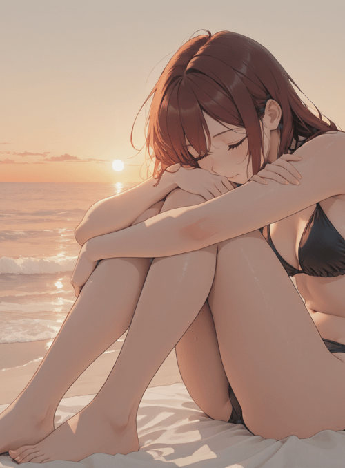 girl, beach, sailboat, sun, sand, waves, towel, hair, swimwear, sunrise