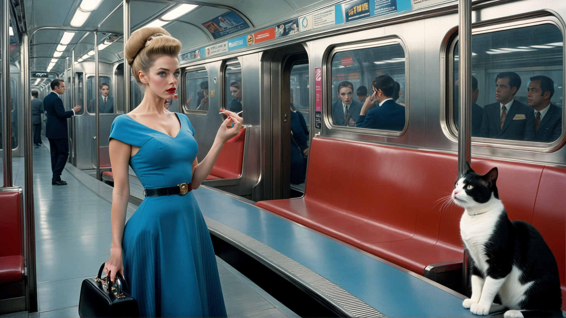 AI generated wallpaper featuring woman, cat, subway, dress, handbag