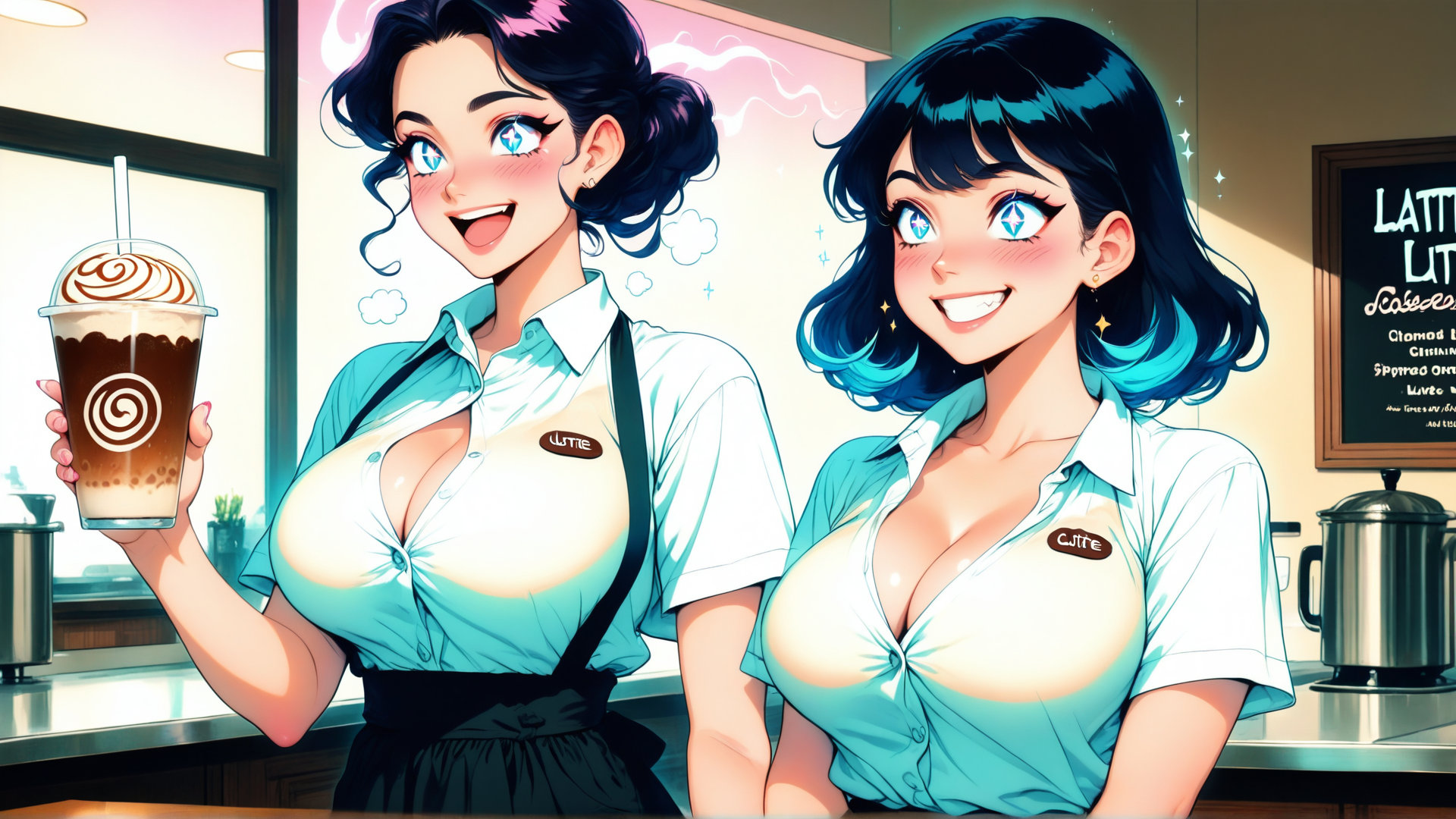 AI generated wallpaper featuring barista, woman, coffee, cafe, drink