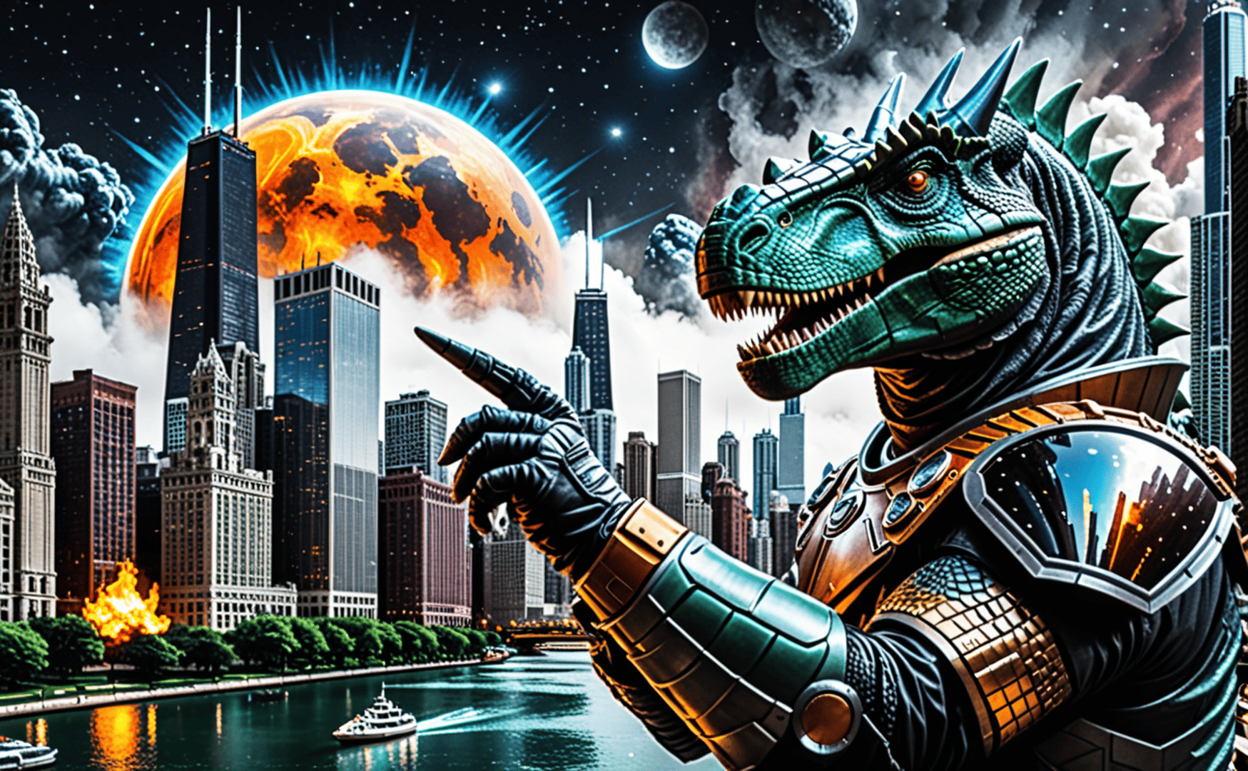 AI generated wallpaper featuring dinosaur, city, spaceship, planet, armor, river, buildings, boat, fire, clouds