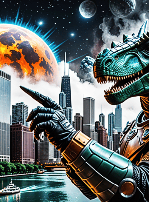 dinosaur, city, spaceship, planet, armor, river, buildings, boat, fire, clouds