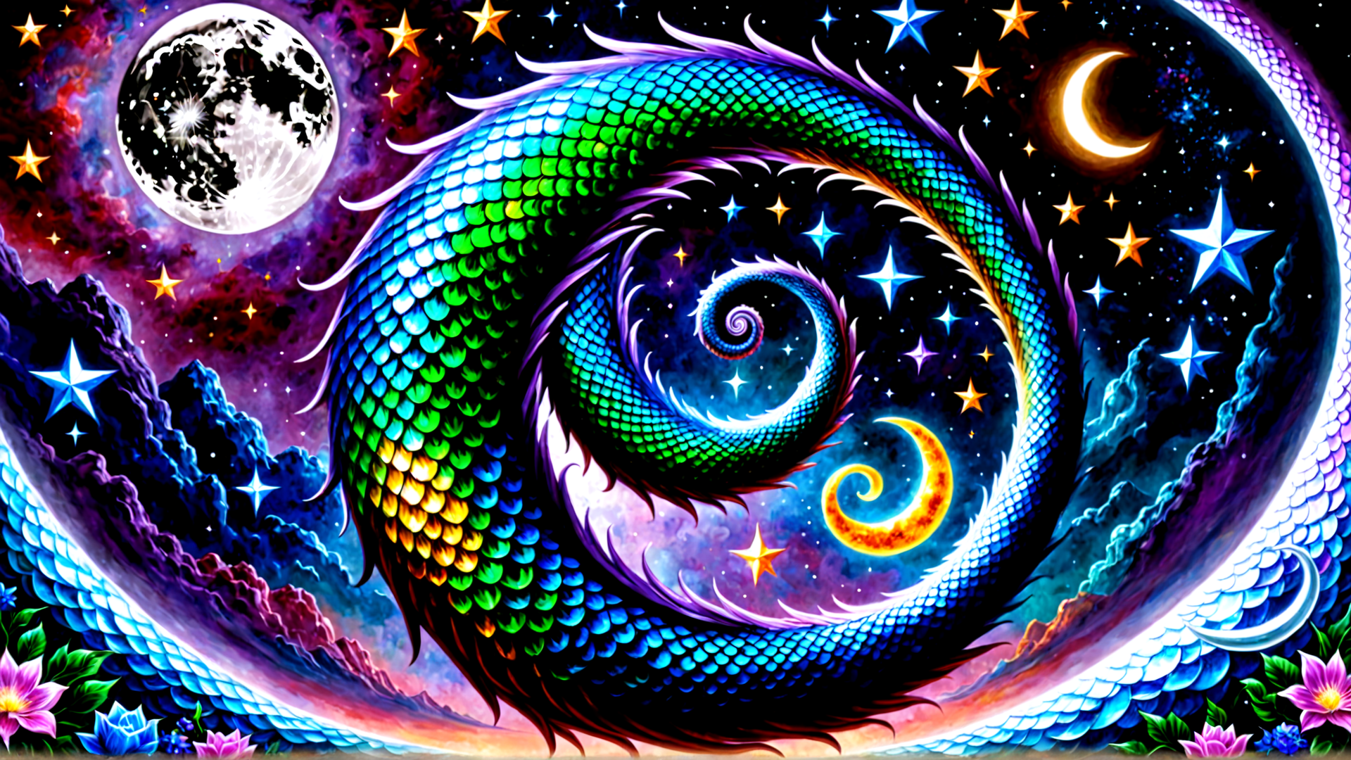 AI generated wallpaper featuring dragon, moon, stars, clouds, flowers, galaxy, scales, swirl, crescent, universe