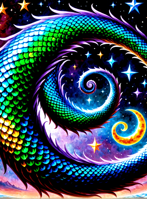 dragon, moon, stars, clouds, flowers, galaxy, scales, swirl, crescent, universe