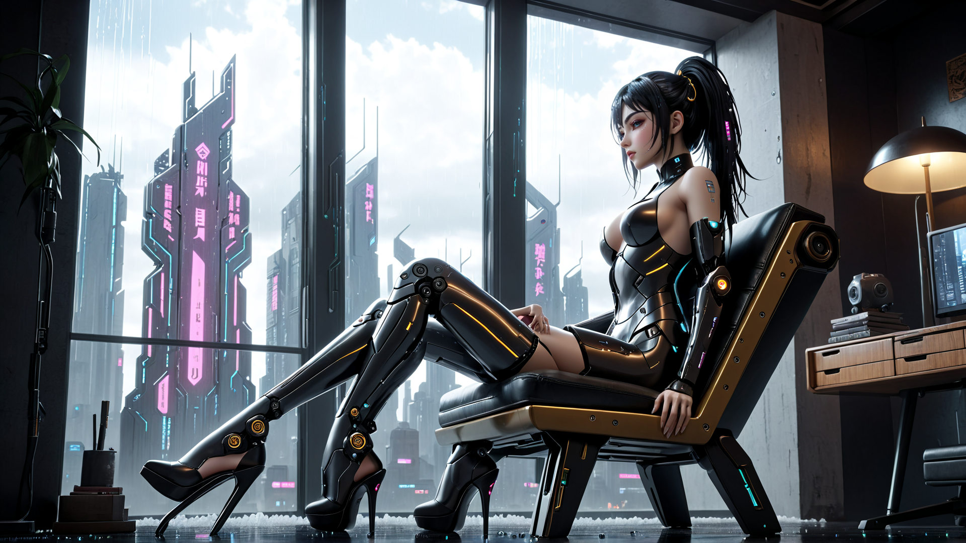 AI generated wallpaper featuring cyborg, woman, chair