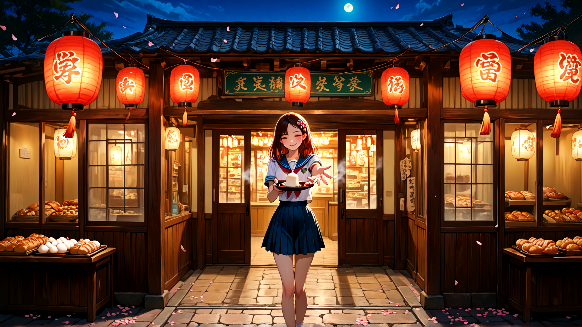 AI generated wallpaper featuring girl, bakery, lantern, buns, moon, school uniform, pavilion, bakery display, cherry blossom, sailor, school, bread