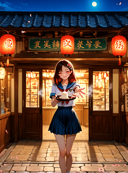 girl, bakery, lantern, buns, moon, school uniform, pavilion, bakery display, cherry blossom, sailor, school, bread
