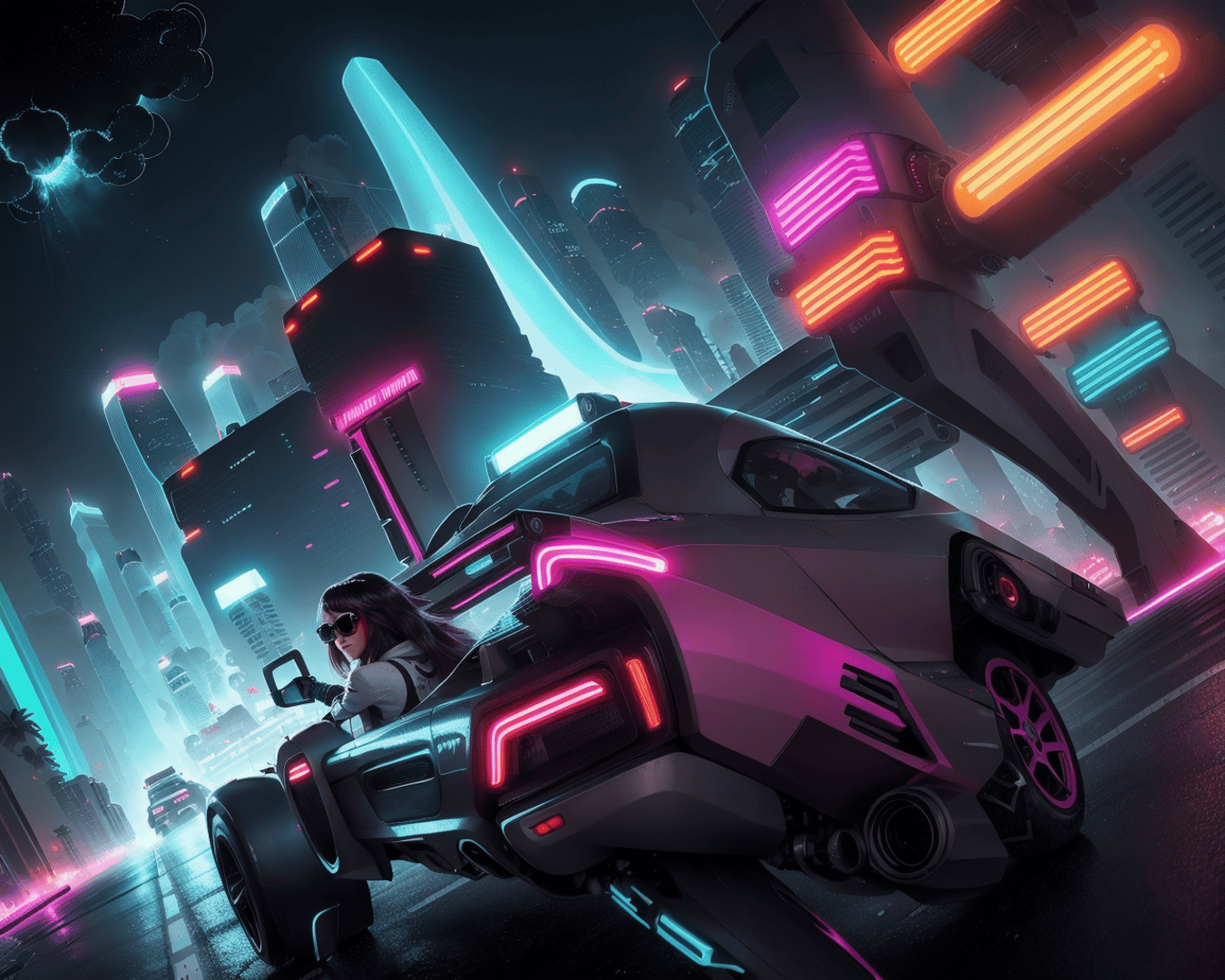 AI generated wallpaper featuring car, cityscape, person