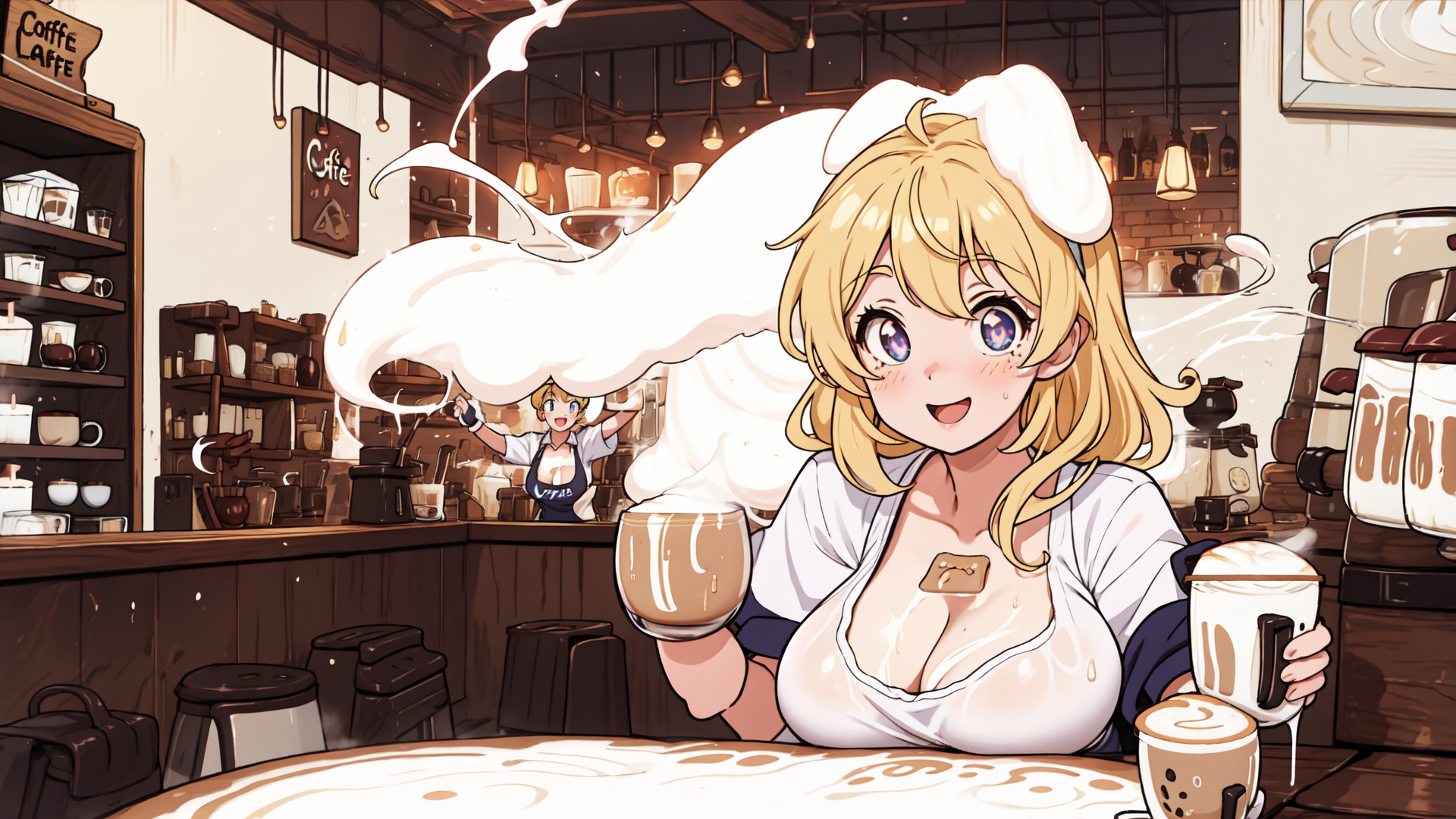 AI generated wallpaper featuring barista, coffee, cafe, milk foam, cup, waitress, syringe, apron, stool, steamer