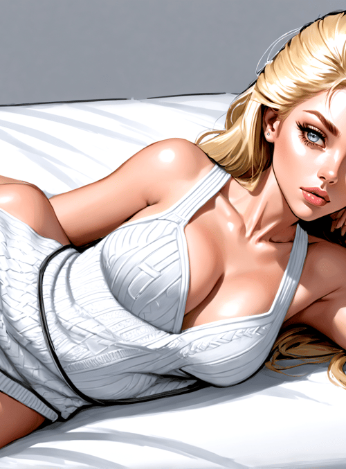 woman, bed, blonde, dress, pillow