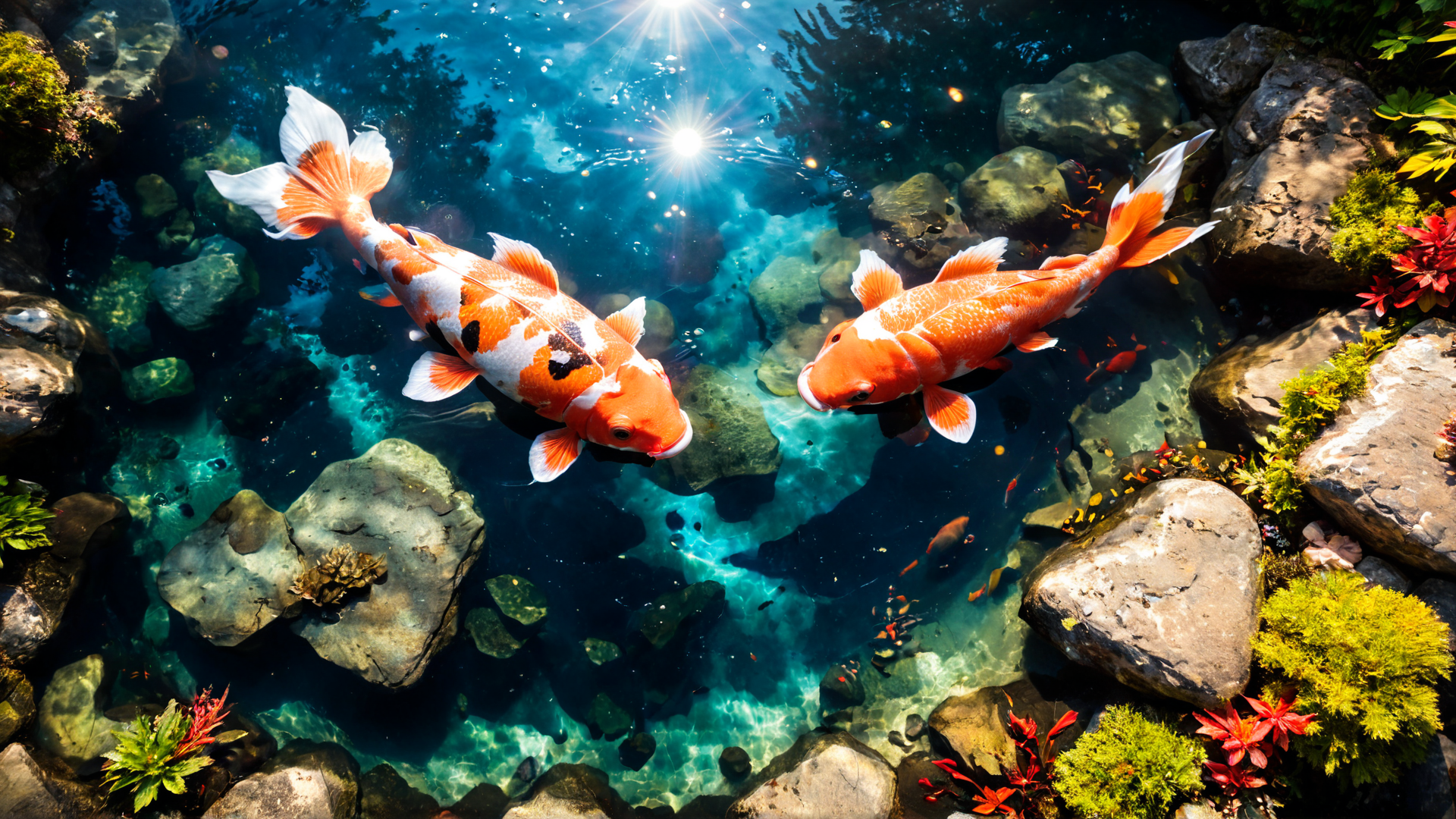 AI generated wallpaper featuring koi fish, aquarium, rocks