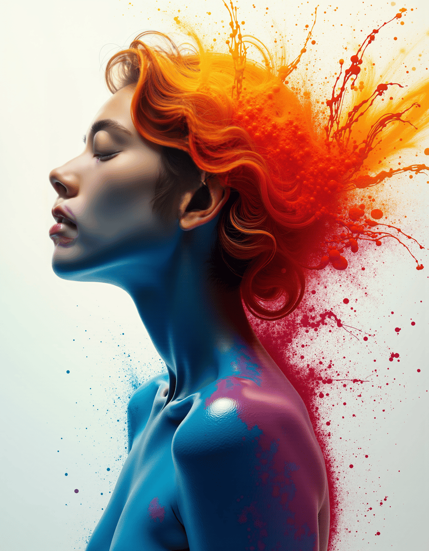 AI generated wallpaper featuring woman, hair, body, surreal, art, paint, splatter, silhouette, gradient, feminine