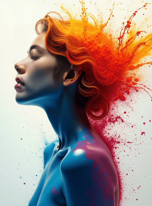 woman, hair, body, surreal, art, paint, splatter, silhouette, gradient, feminine