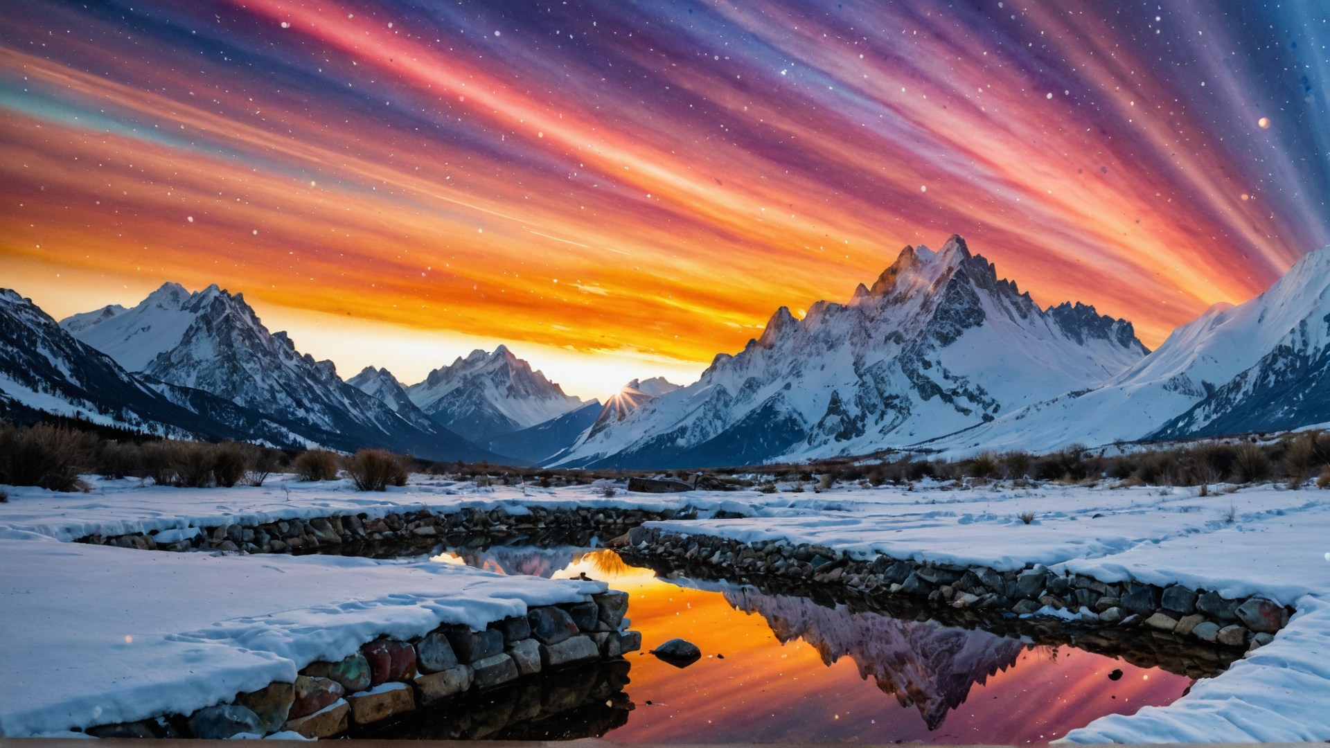 AI generated wallpaper featuring mountains, sky, river, snow, aurora