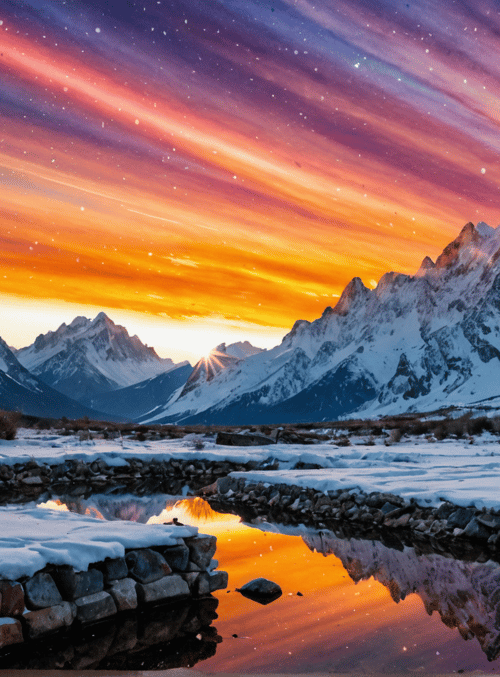 mountains, sky, river, snow, aurora