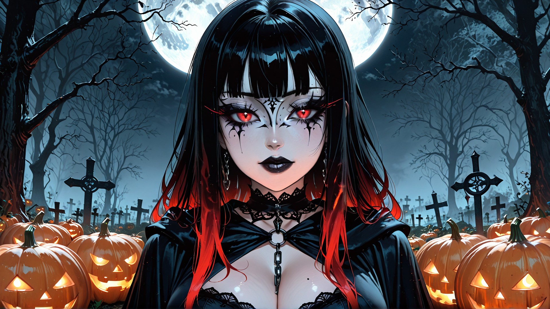 AI generated wallpaper featuring woman, pumpkin, graveyard, moon, tree, cross