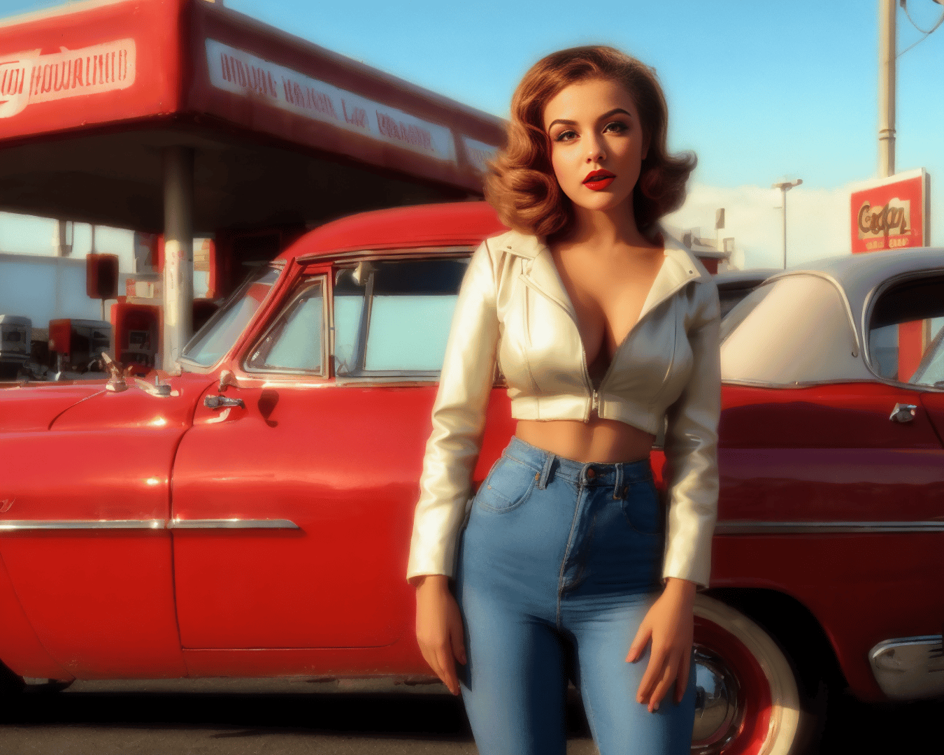 AI generated wallpaper featuring woman, car, gas station