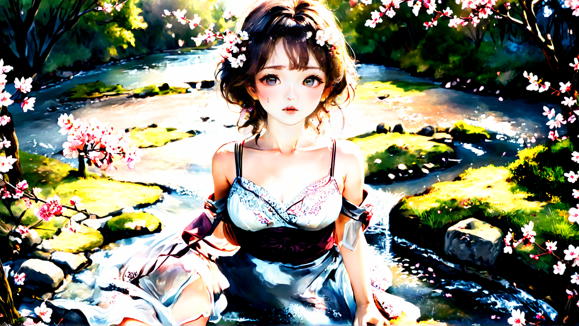 AI generated wallpaper featuring girl, sakura, stream