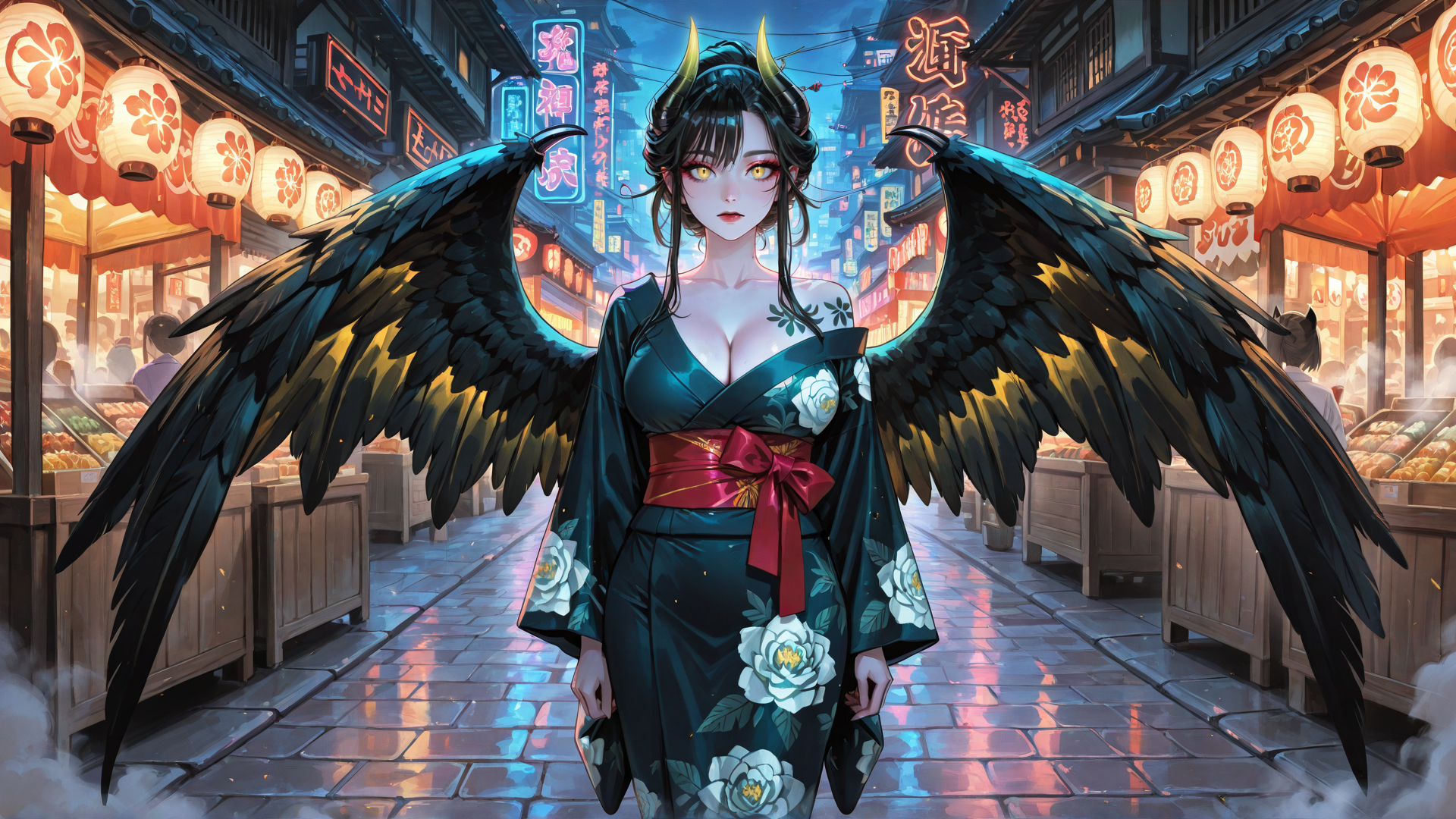 AI generated wallpaper featuring woman, wings, kimono, lanterns, street