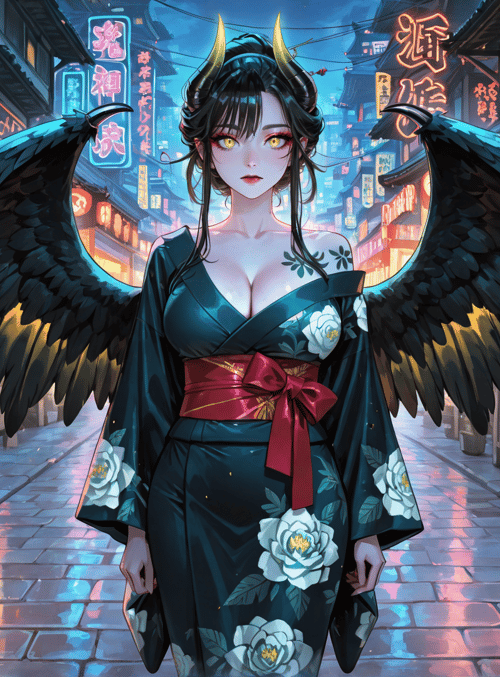 woman, wings, kimono, lanterns, street