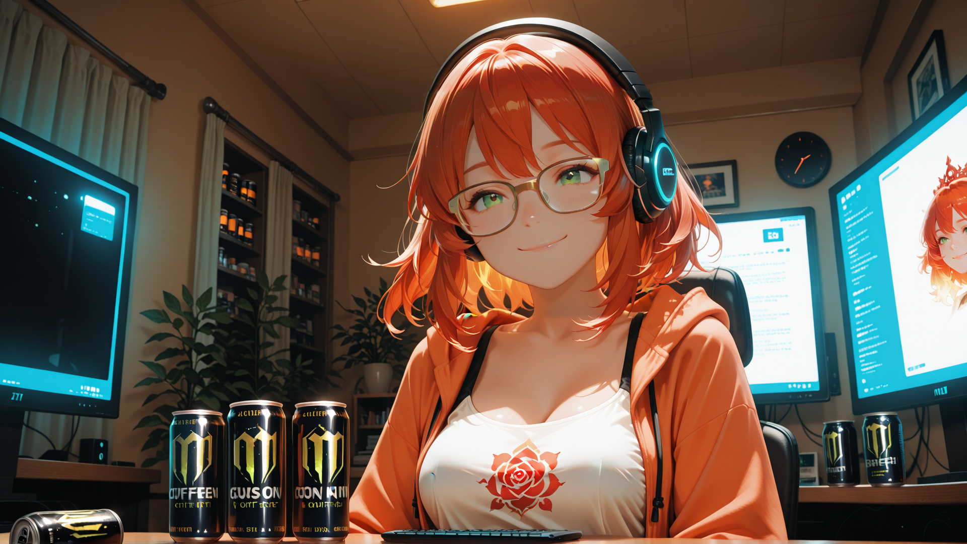 AI generated wallpaper featuring anime girl, headphones, computer monitors, energy drink cans, glasses, desk, plants, clock, hoodie, tank top