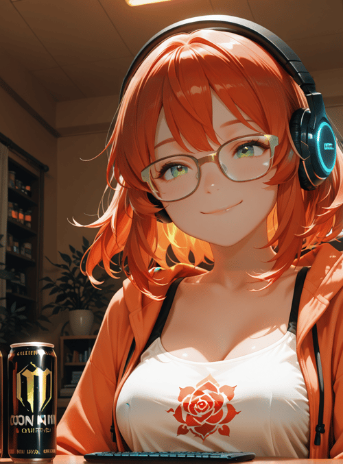 anime girl, headphones, computer monitors, energy drink cans, glasses, desk, plants, clock, hoodie, tank top