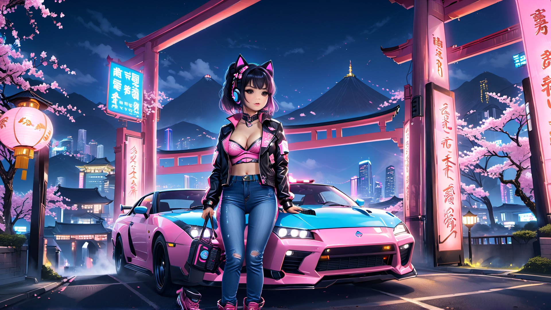 AI generated wallpaper featuring girl, car, torii gate