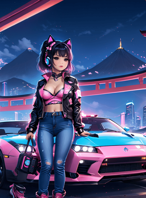 girl, car, torii gate
