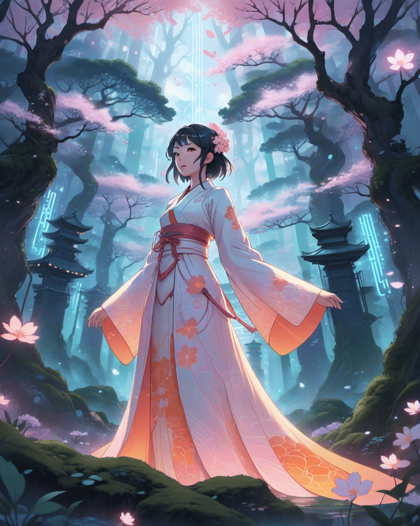 AI generated wallpaper featuring woman, kimono, sakura