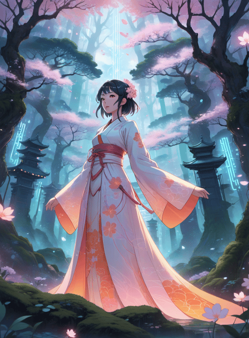 woman, kimono, sakura