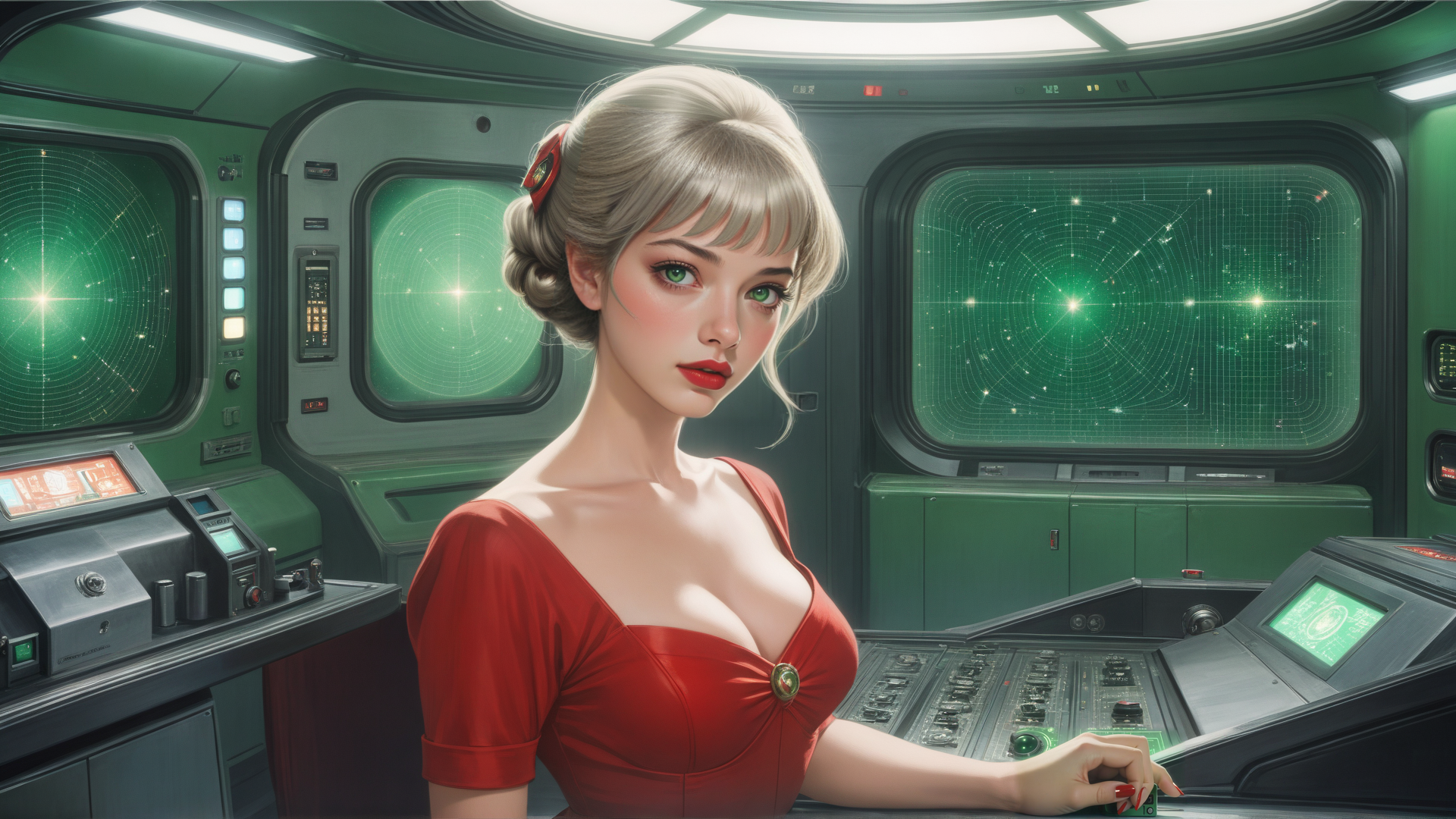 AI generated wallpaper featuring woman, control room, screens