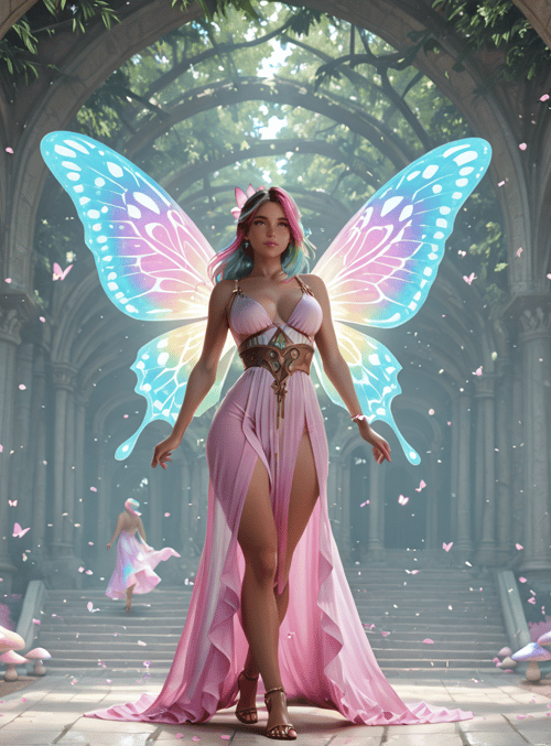 fairy, butterfly wings, mushroom, column, garden, dress, woman, archway, forest, staircase