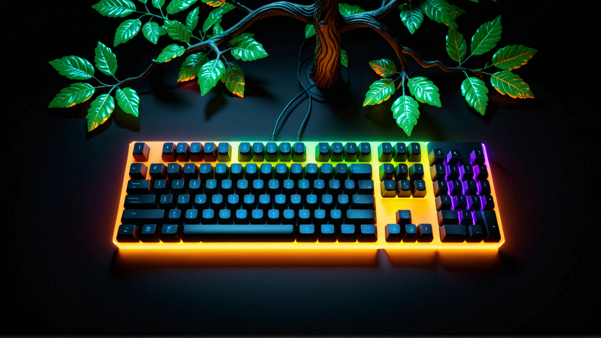 AI generated wallpaper featuring keyboard, tree, leaves, glow, light