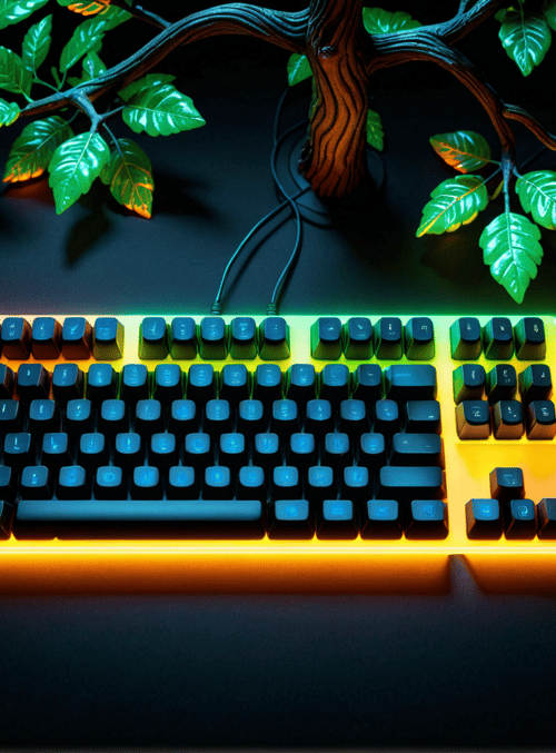 keyboard, tree, leaves, glow, light