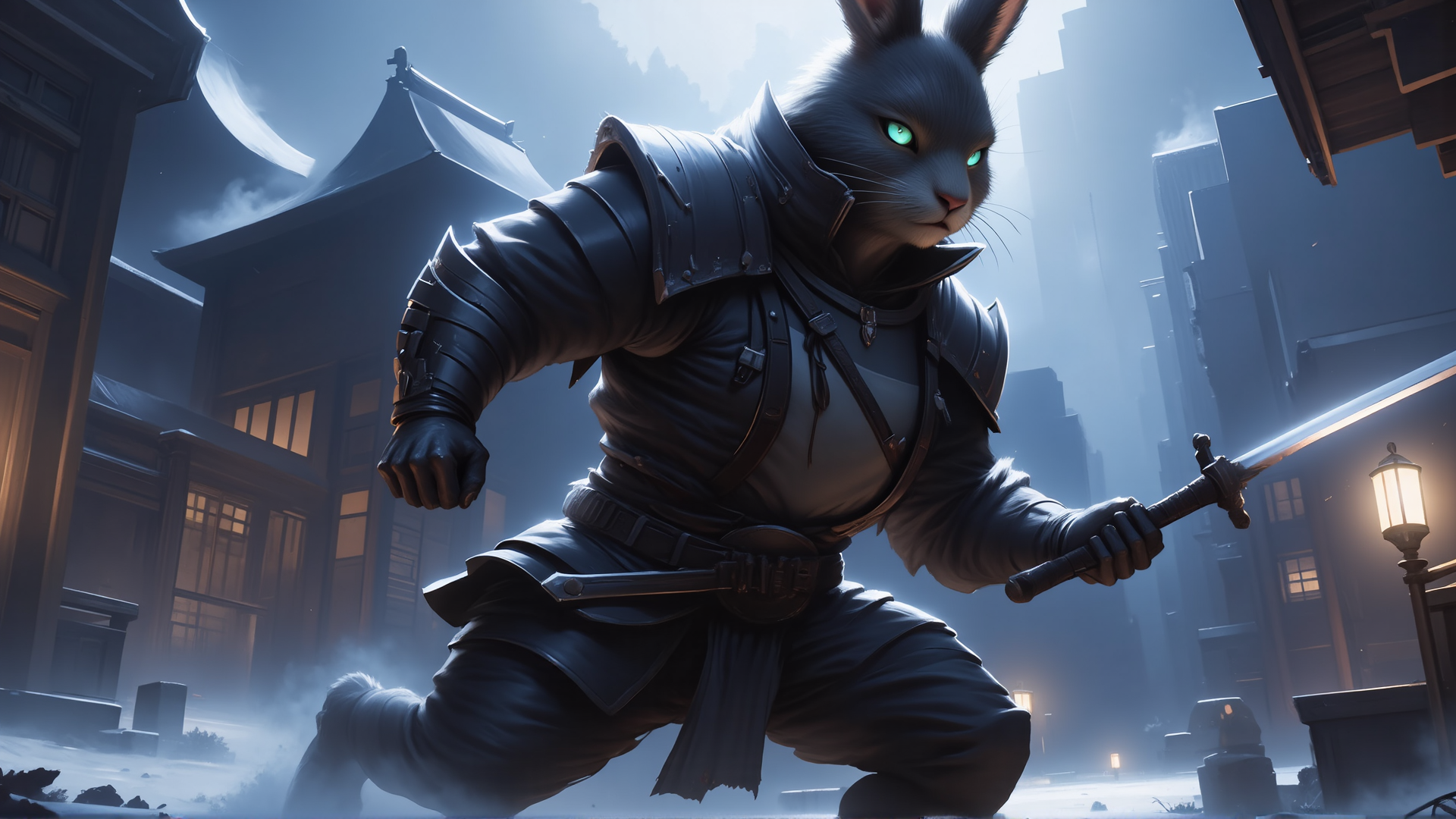 AI generated wallpaper featuring rabbit, samurai, armor, sword, city