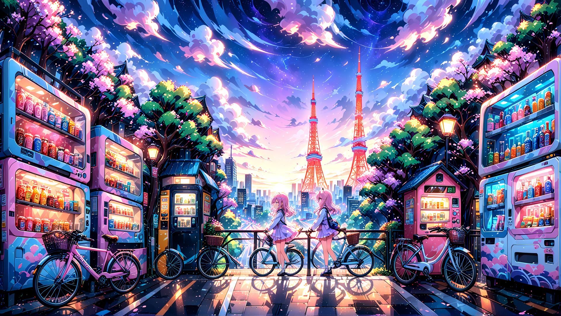 AI generated wallpaper featuring girls, bicycles, vending machines