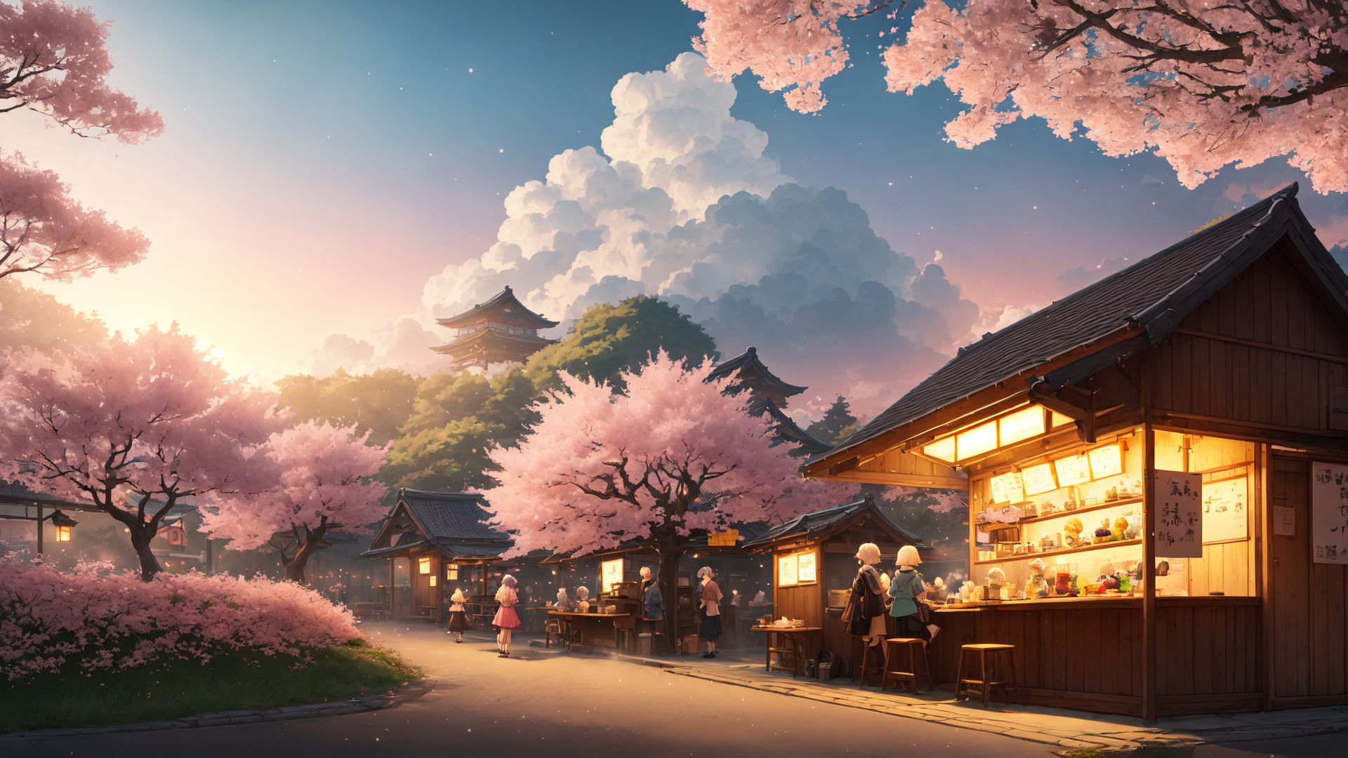 AI generated wallpaper featuring cherry blossom, traditional building, street, people, shop, tower, sky, tree, lamp, bush