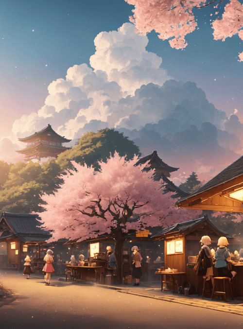 cherry blossom, traditional building, street, people, shop, tower, sky, tree, lamp, bush