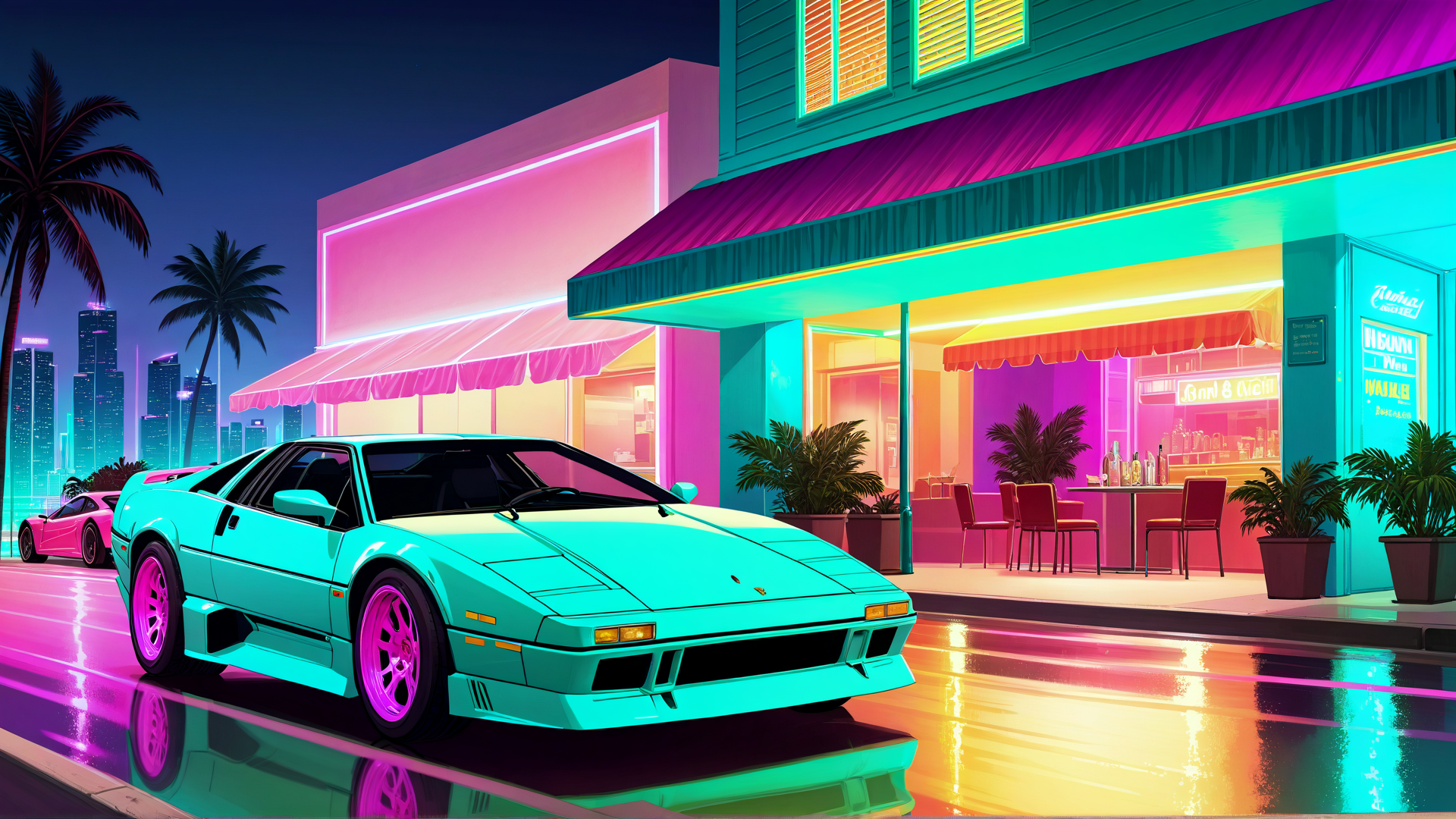 AI generated wallpaper featuring car, neon, building, palm tree, street