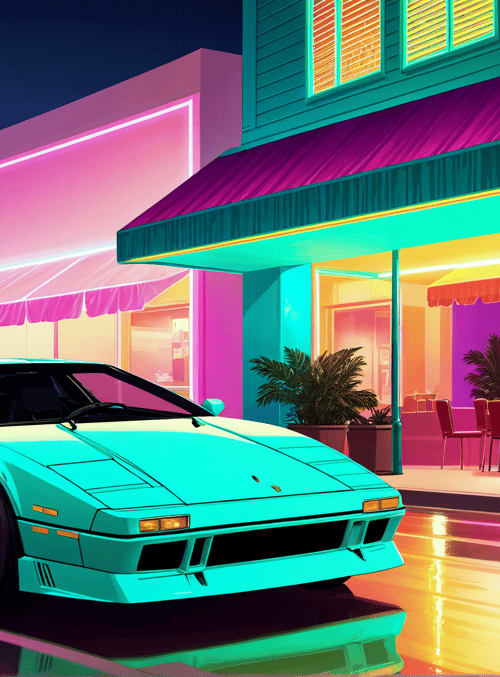 car, neon, building, palm tree, street
