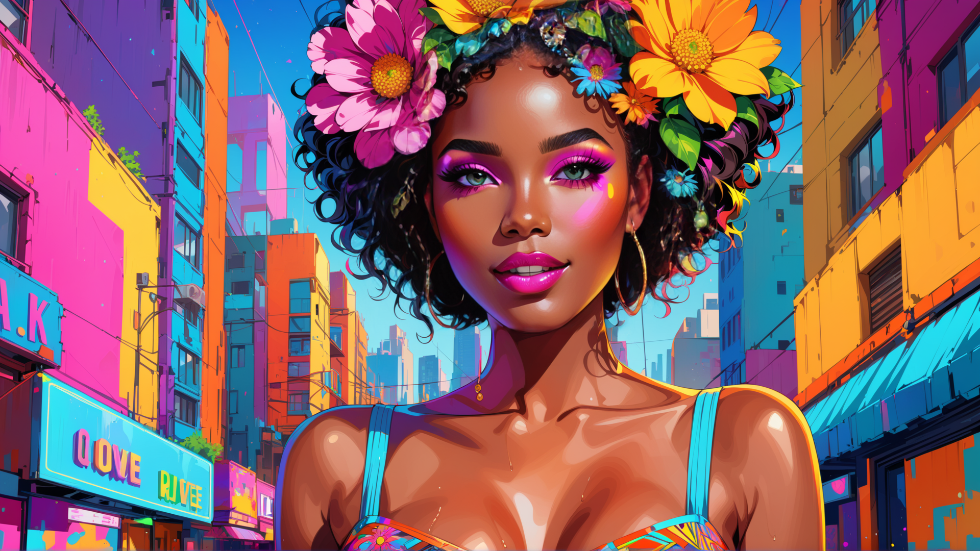 AI generated wallpaper featuring woman, cityscape, flowers