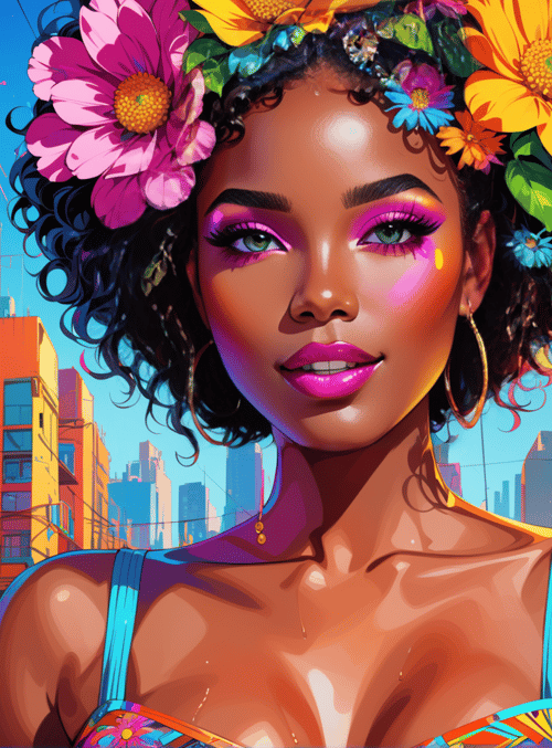 woman, cityscape, flowers