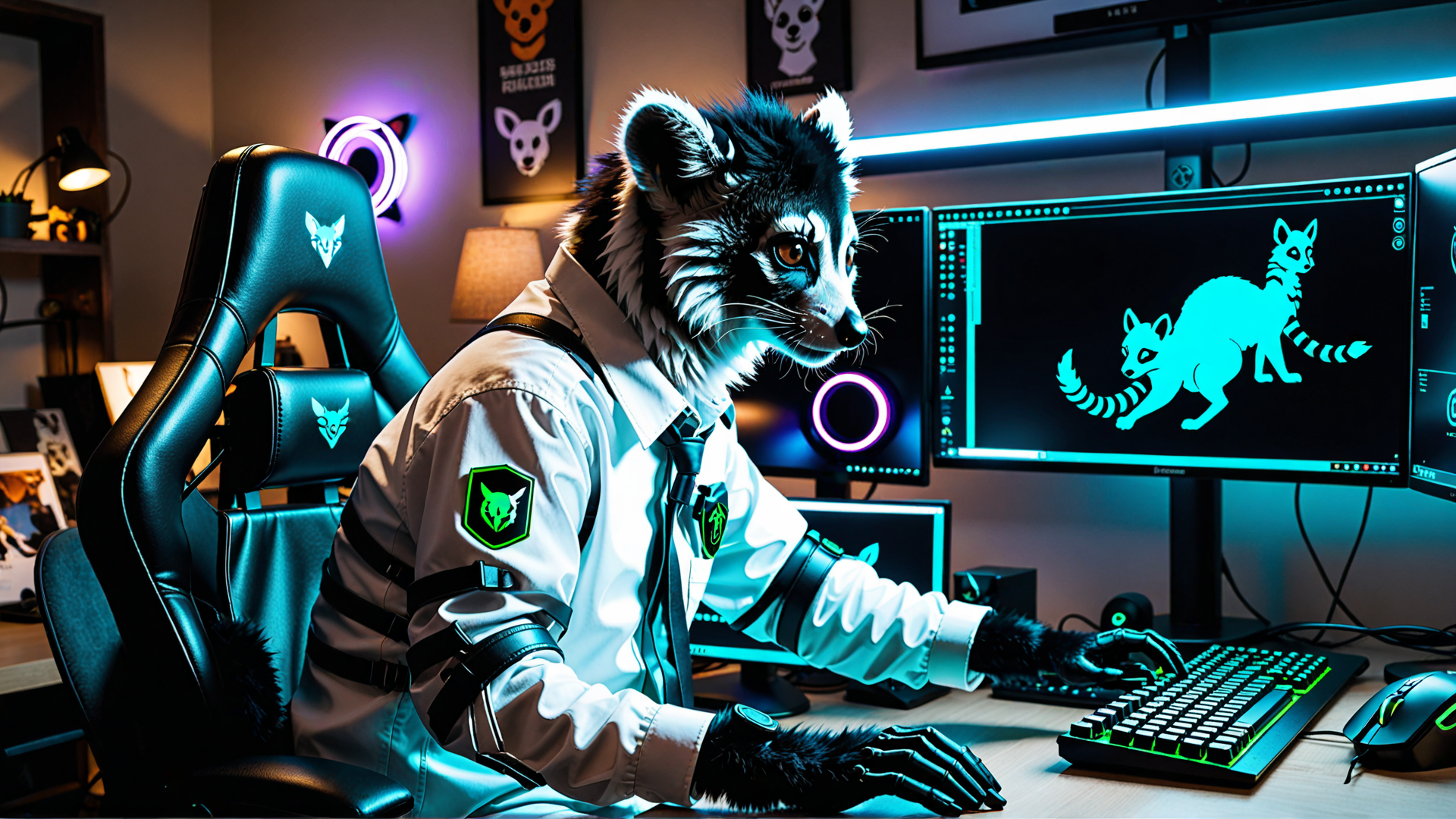 AI generated wallpaper featuring anthropomorphic raccoon, gamer, computer setup, fursuit, chair, monitors, keyboard, mouse, wall art, neon lights
