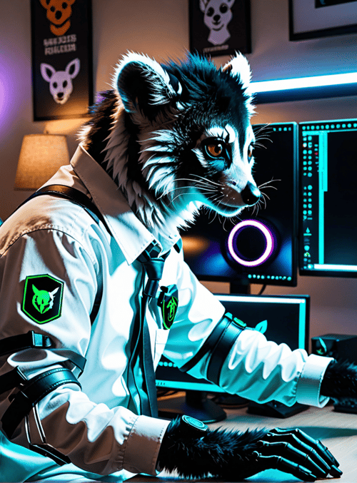 anthropomorphic raccoon, gamer, computer setup, fursuit, chair, monitors, keyboard, mouse, wall art, neon lights