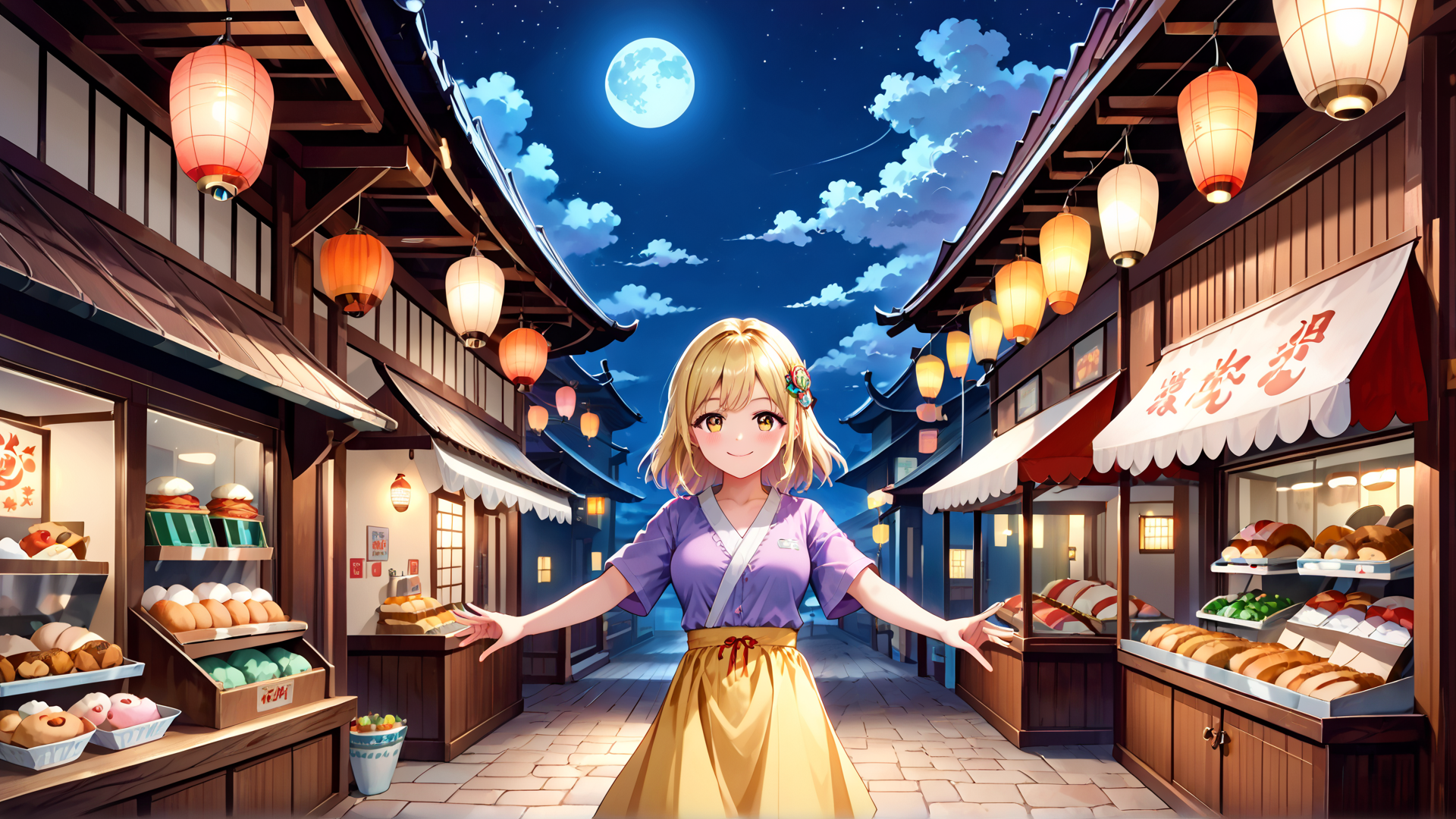 AI generated wallpaper featuring girl, lantern, street, bakery, moon, shop, cloud, traditional, food, building