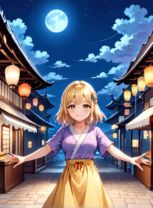 girl, lantern, street, bakery, moon, shop, cloud, traditional, food, building