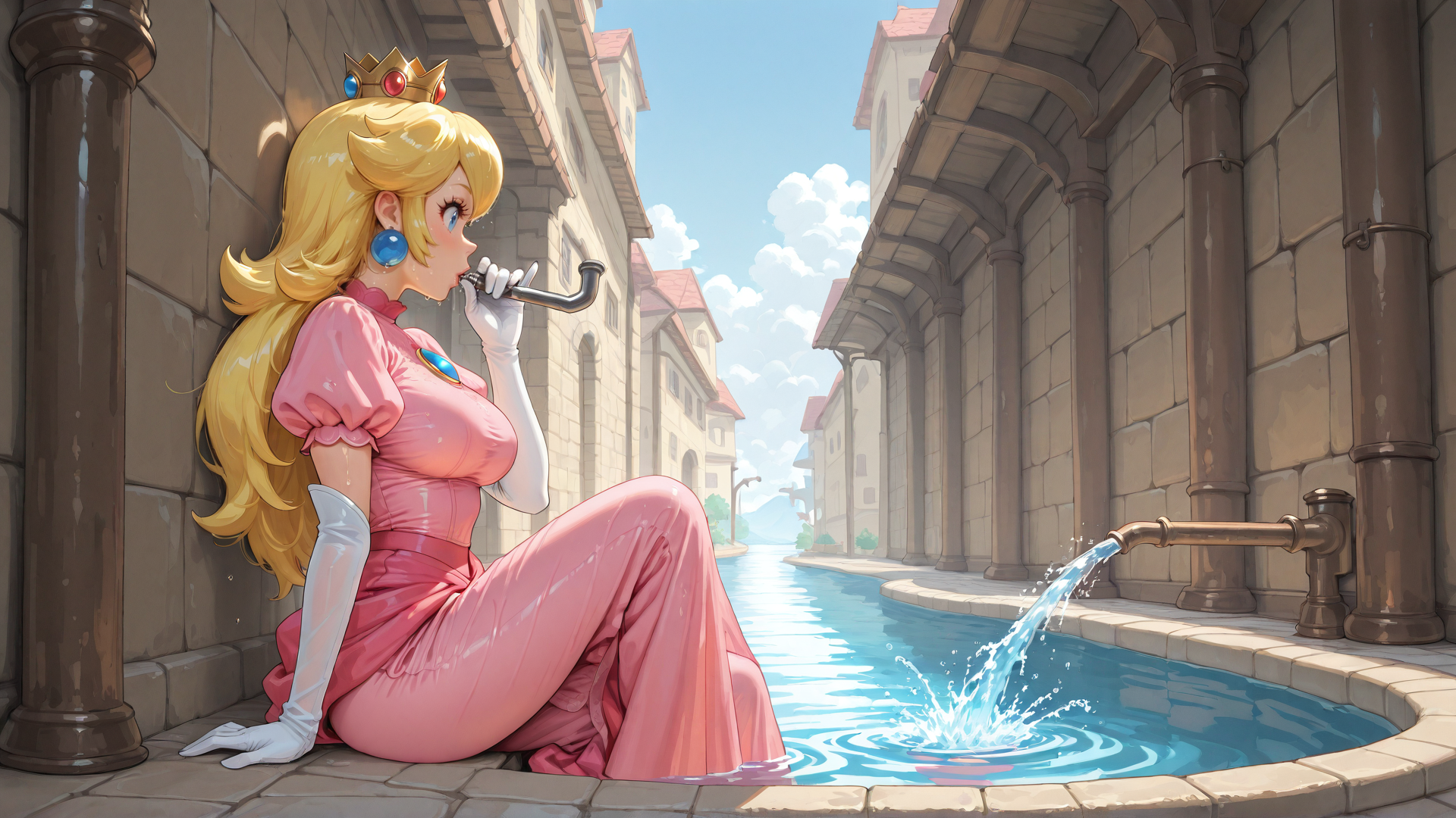 AI generated wallpaper featuring princess, queen, pipe, water, street, building, city, stone, crown, gloves